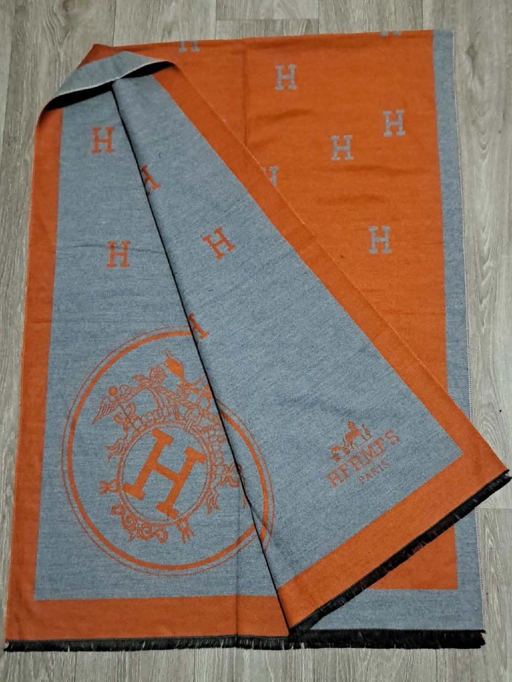 Reasonable Offers Excepted.  Hermes Orange and Gray Reversible Logo Scarf Wrap.